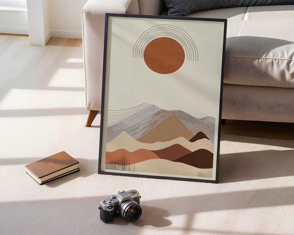 Minimalist Mountain Sun Abstract Landscape Japandi Earthy Art Print - Image 3