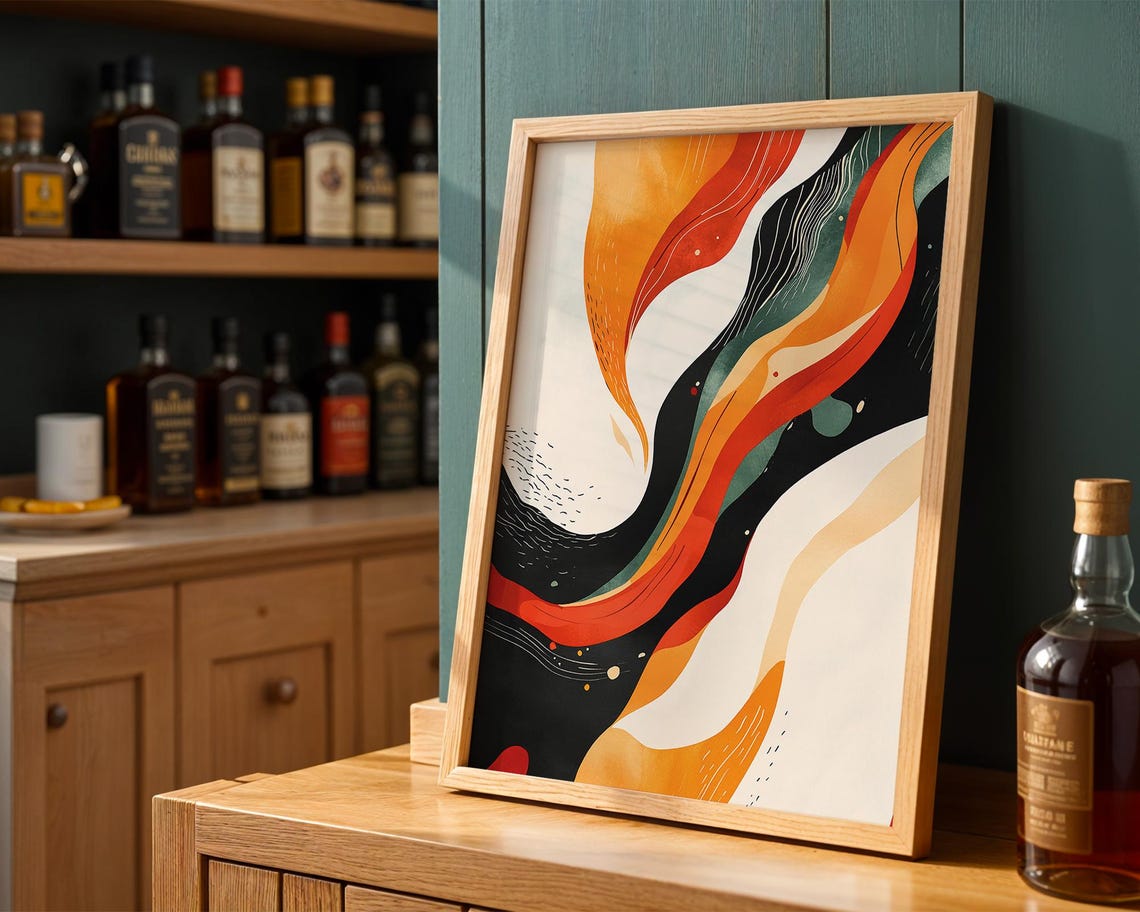 Modern Abstract Flow Warm Orange Ribbons Black Cream Boho Art Poster - Image 4