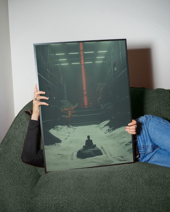 Meditating Figure Urban Zen Alley Neon Red Light Calm Mindful Poster