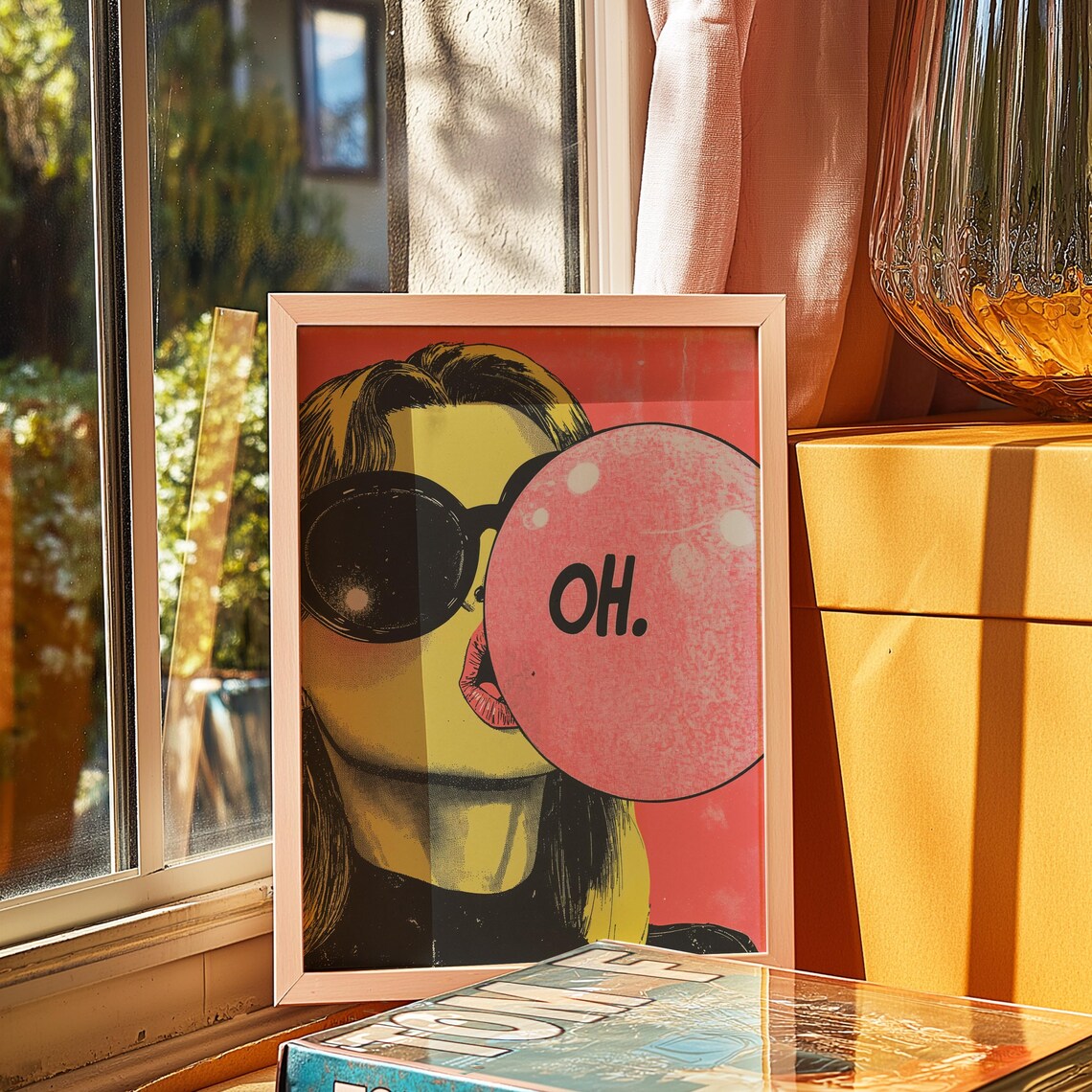 Pop Art Bubblegum Girl Blowing Bubble Oh Text Retro Comic Style Wall Art - Image 3