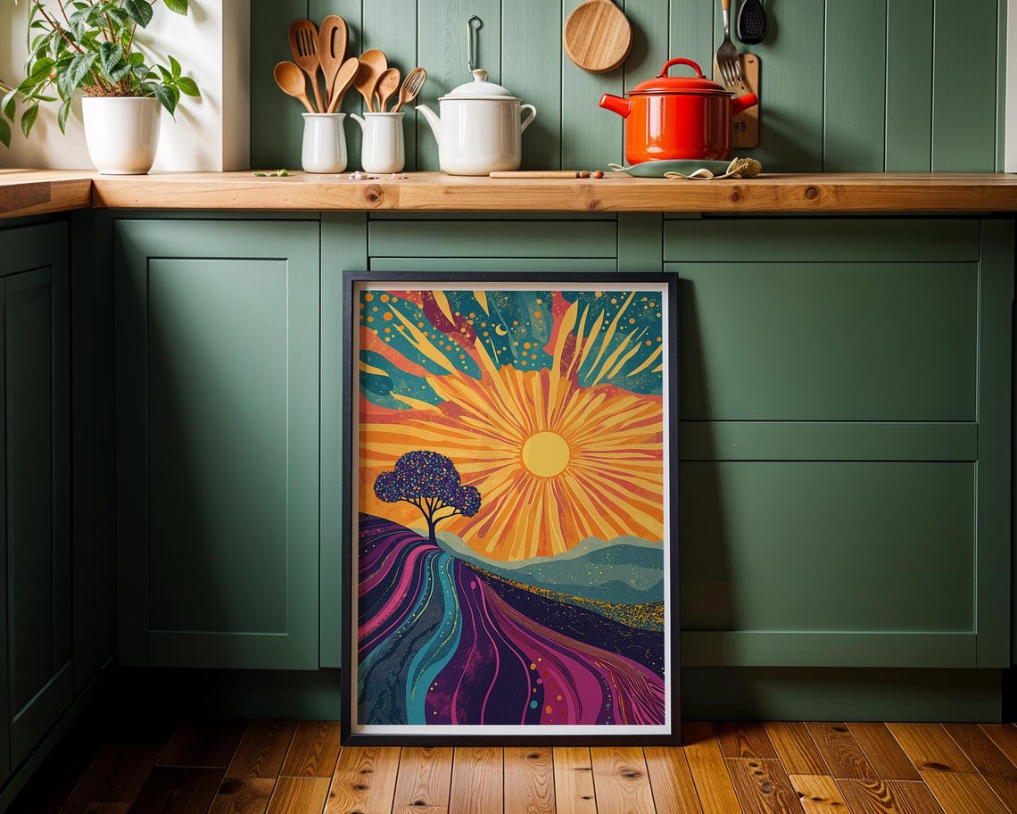 Vibrant Sunset Landscape Art Print Colorful Boho Sun Tree Psychedelic Nature Wall Decor - Image 3