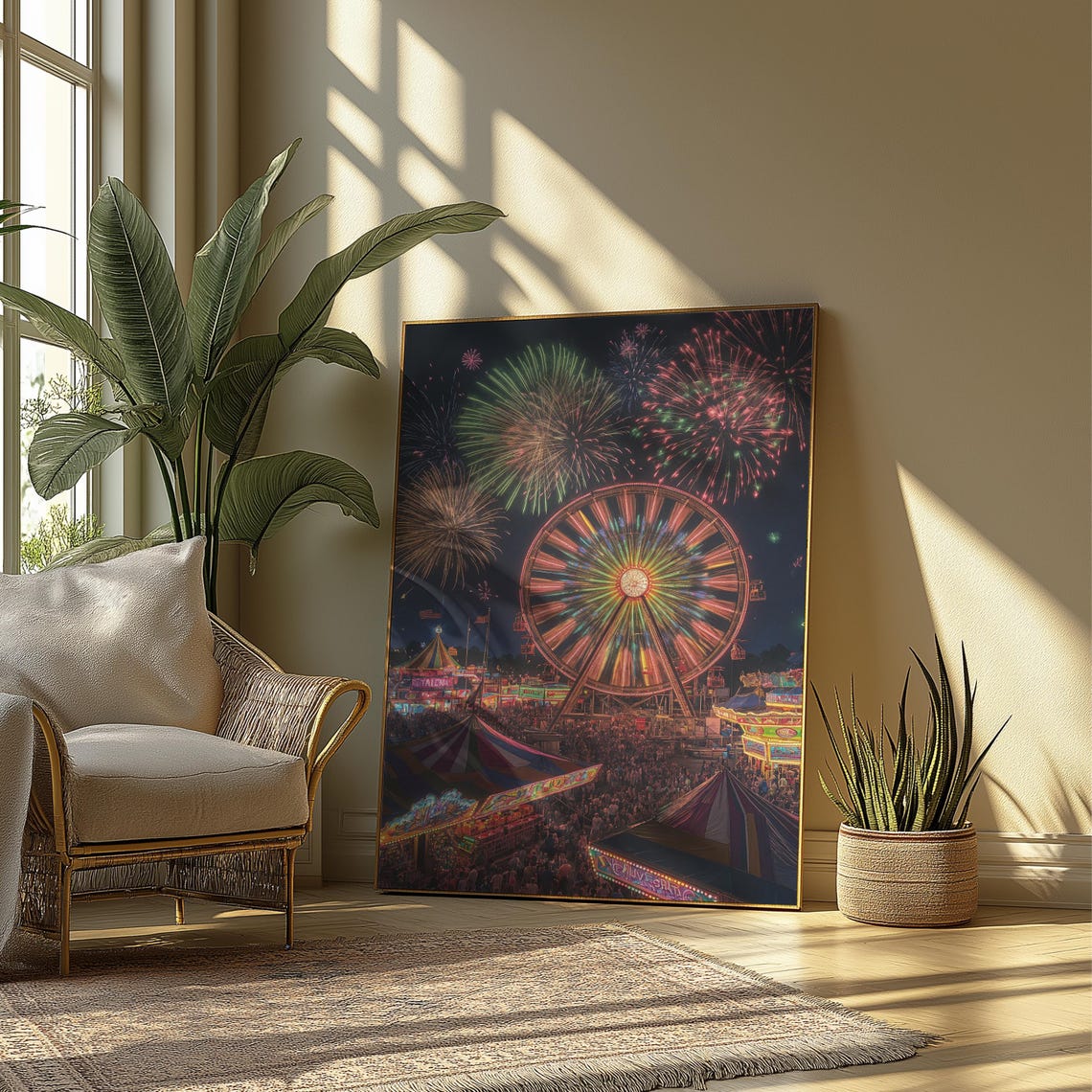 Fireworks Over Crowded Carnival Midway Ferris Wheel Night Poster - Image 2