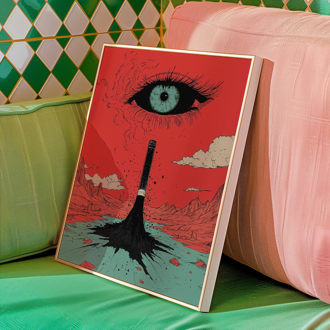Surreal Red Comic Pop Giant Eye Ink Pen Desert Scene Art Poster - Image 4
