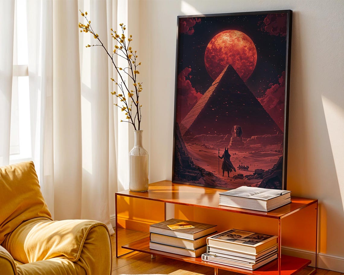 Blood Moon Pyramid Night Desert Anubis Figure Egypt Mythology Poster - Image 5