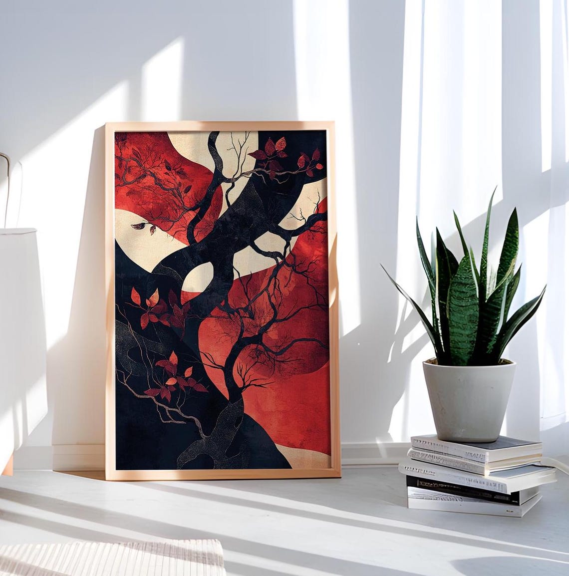 Red Moon Dark Tree Abstract Art Print Crimson Botanical Painting