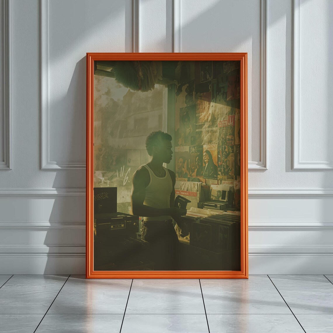 Man Digging Vinyl in Sunlit Record Store Retro Music Shop Cinematic Wall Art