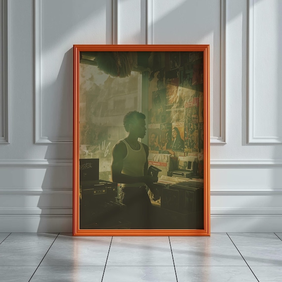 Man Digging Vinyl in Sunlit Record Store Retro Music Shop Cinematic Wall Art