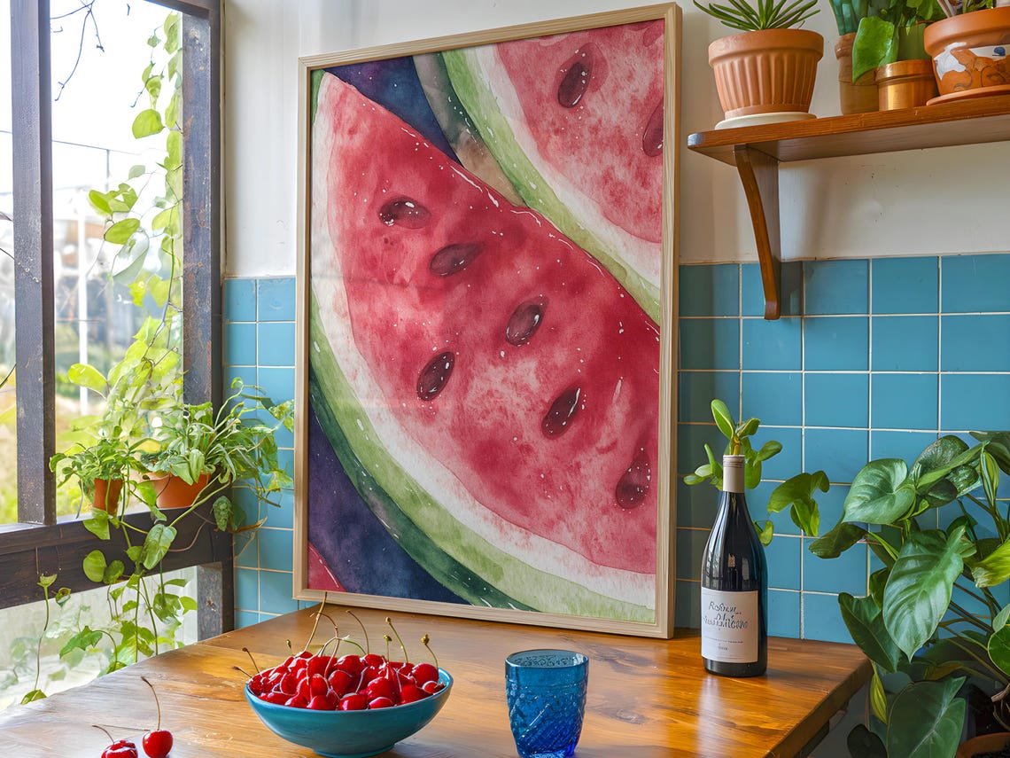 Juicy Watermelon Slice Watercolor Summer Fruit Kitchen Wall Poster - Image 4
