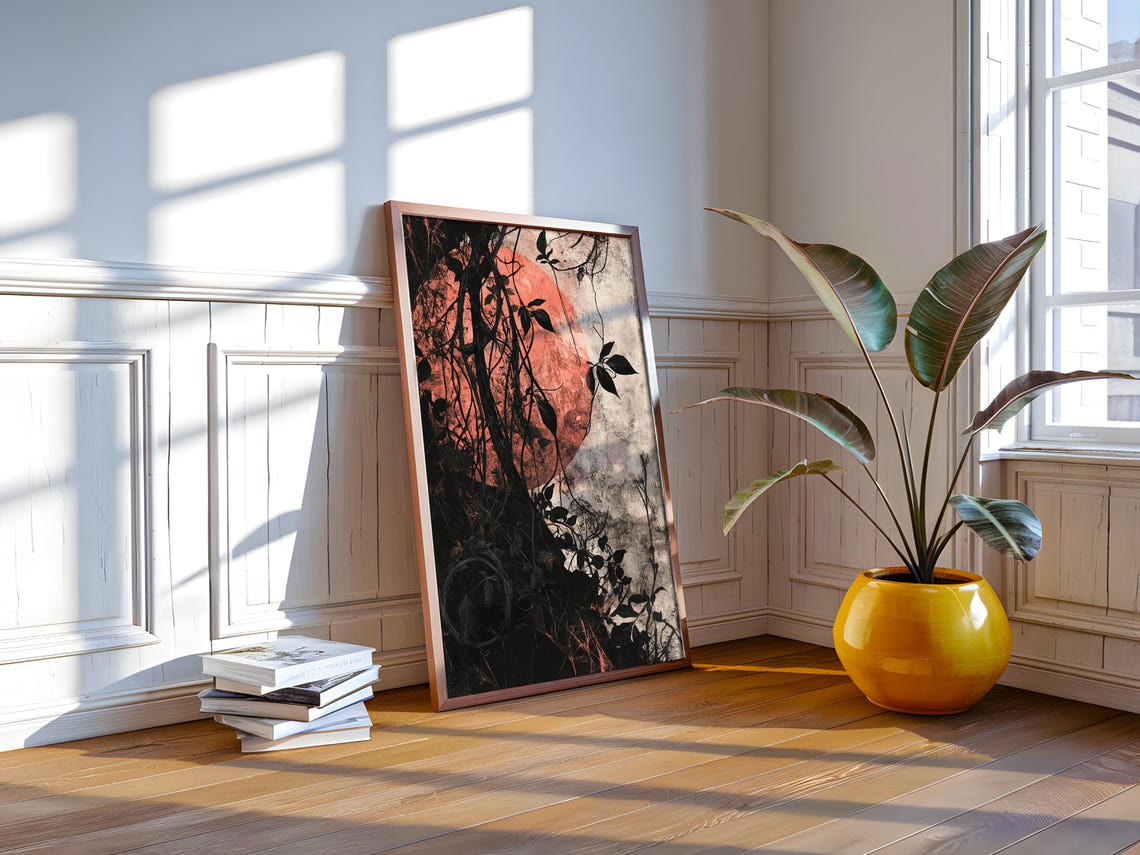 Red Sun Dark Tree Branch Moody Grunge Nature Art Poster Design - Image 2