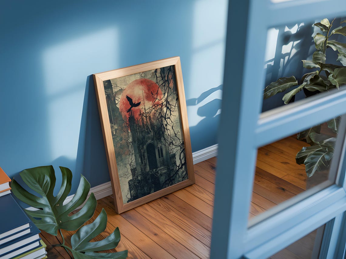 Gothic Castle Blood Moon Raven Haunted Ruins Dark Fantasy Art Poster - Image 3