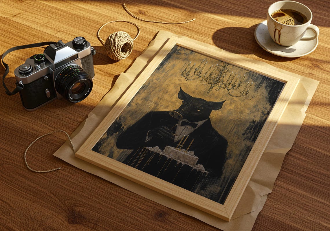 Gothic Pig Gentleman Tuxedo Monocle Cake Gold Vintage Dark Poster - Image 2