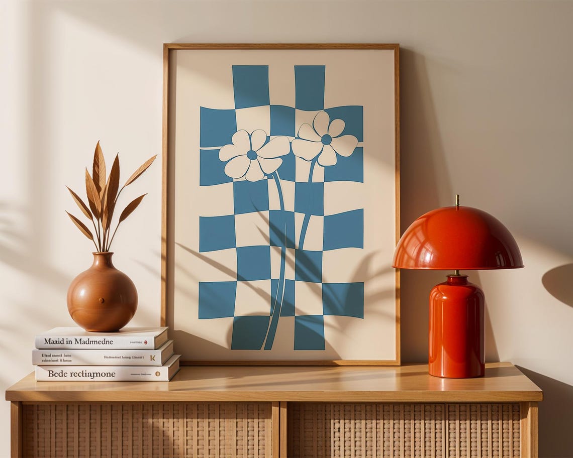 Blue Wavy Checkerboard with White Flowers Retro Boho Art Poster