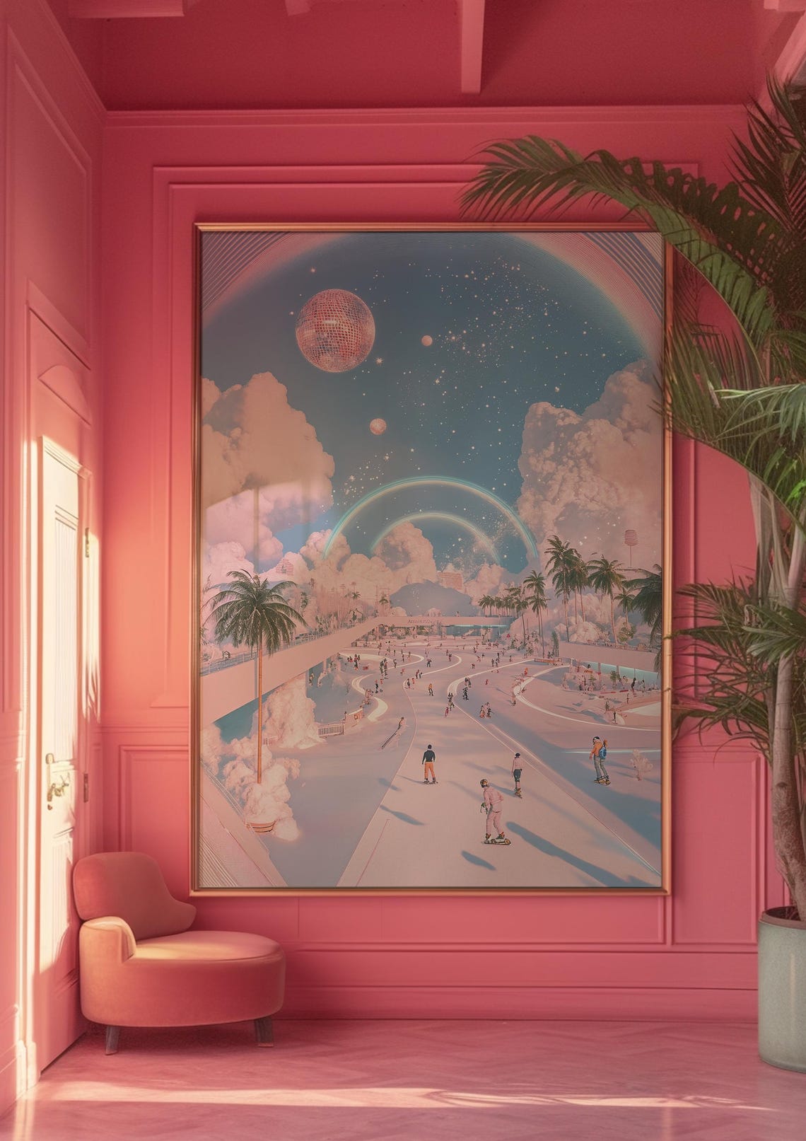 Dreamy Skatepark Pink Clouds Disco Ball Moon Surreal Wall Poster - Image 5