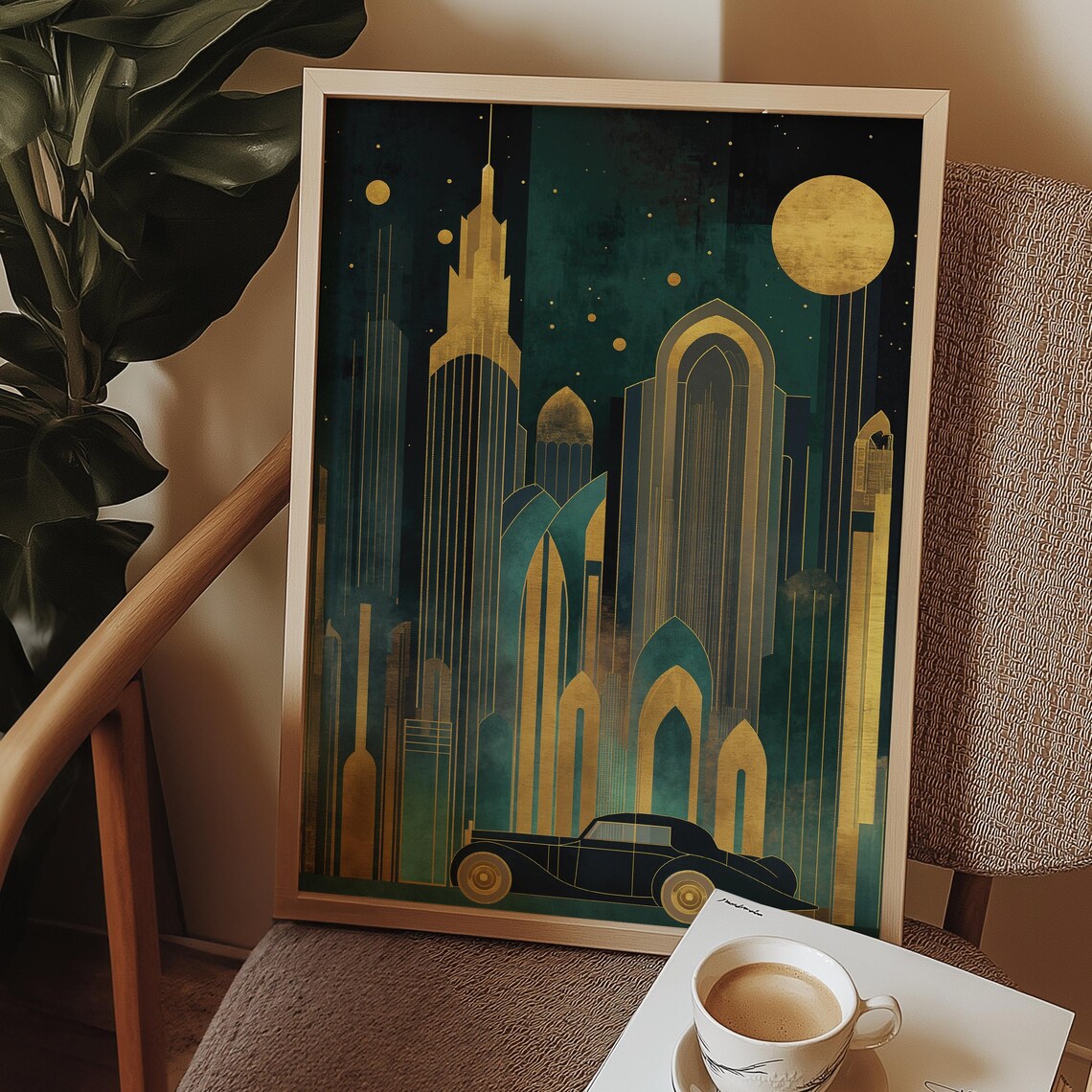 Art Deco Gold Skyscrapers Night Vintage Car Geometric Skyline Glamour Wall Art - Image 4