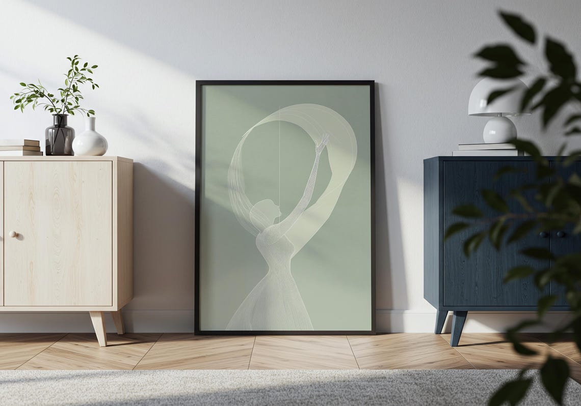 Dancer Elegant Minimalist Line Art Motion Sage Green Abstract Poster - Image 2