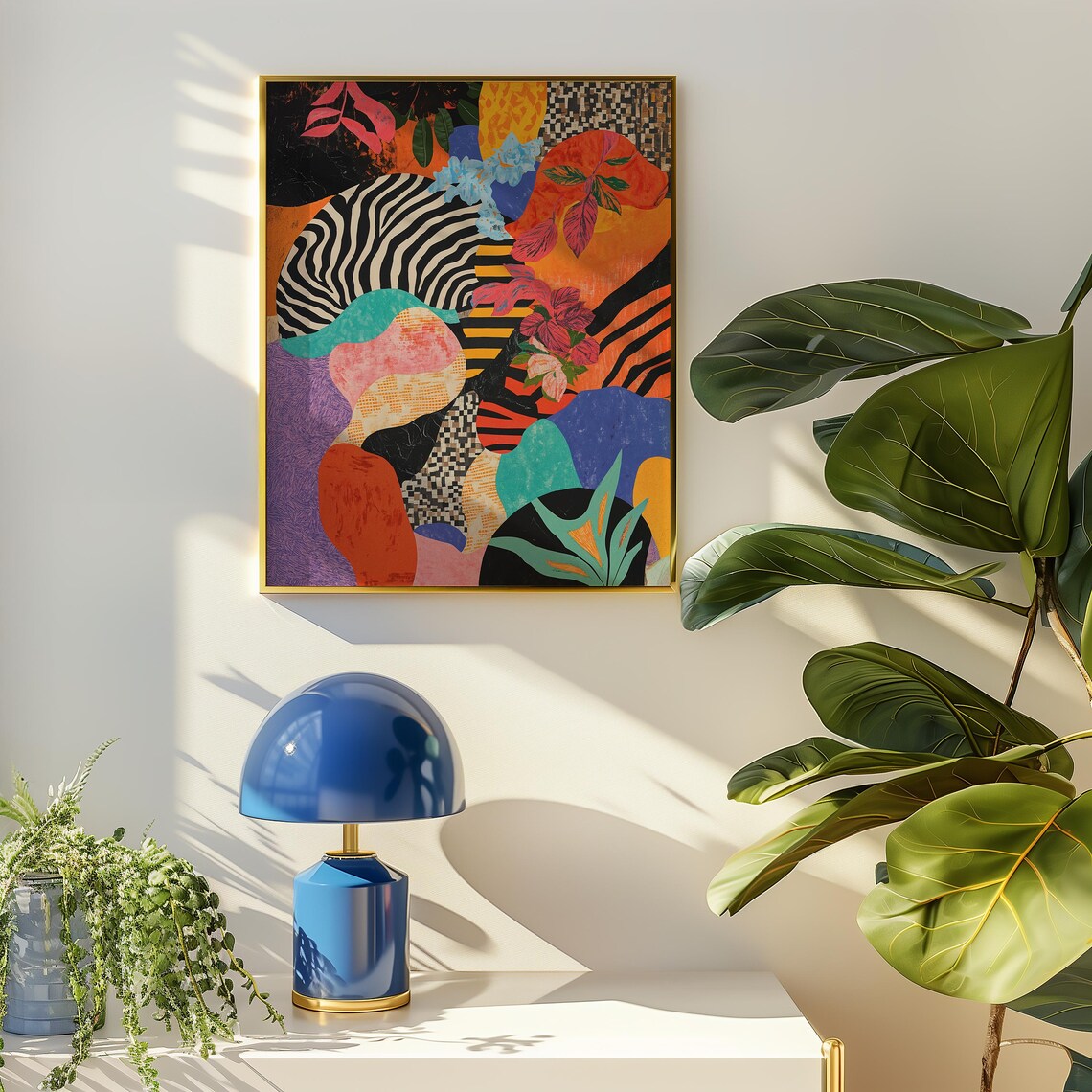 Maximalist Jungle Abstract Art Print Tropical Leaves Bold Animal Stripes Funky Pattern Wall Decor - Image 2