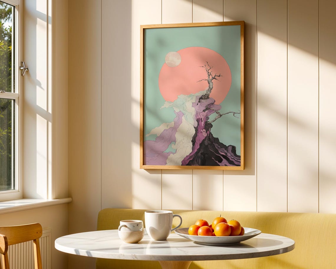 Surreal Lone Tree Pink Sun Mint Green Dream Landscape Wall Poster - Image 4