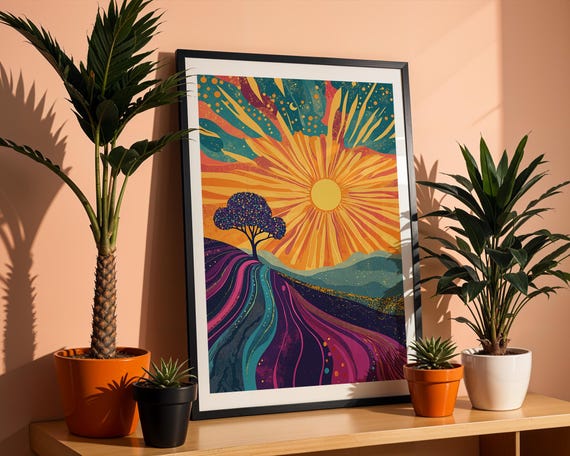 Vibrant Sunset Landscape Art Print Colorful Boho Sun Tree Psychedelic Nature Wall Decor