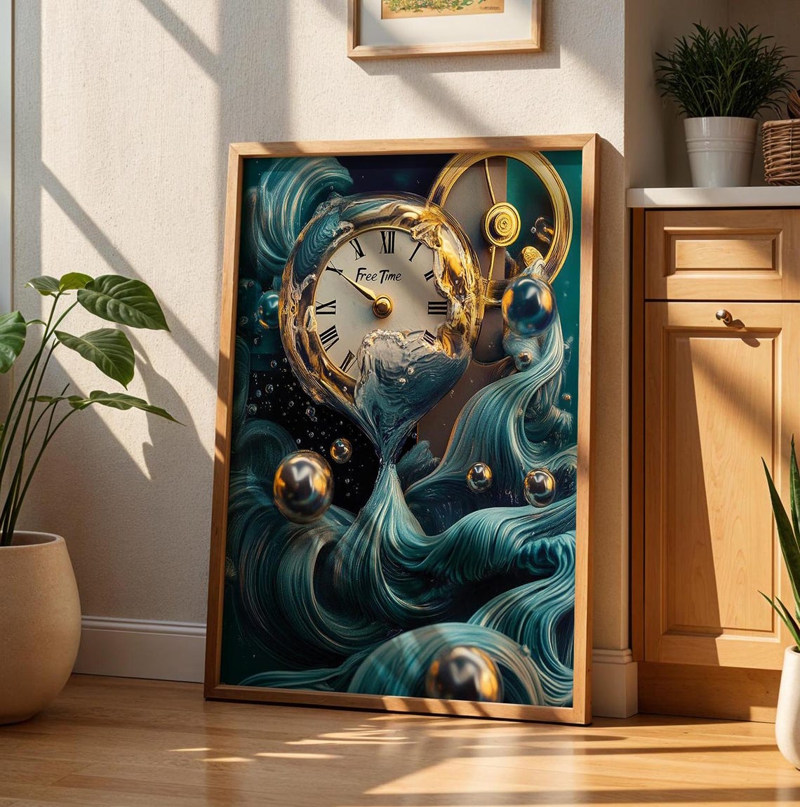 Surreal Melting Clock with Free Time Dial in Teal and Gold Poster
