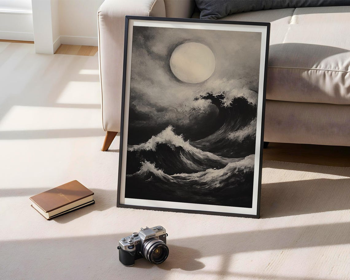 Dramatic Moonlit Ocean Waves Black and White Coastal Art Poster - Image 5