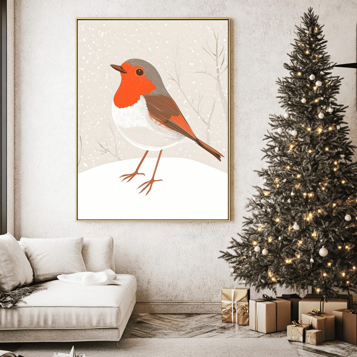 European Robin Redbreast Standing in Falling Snow Winter Poster - Image 2