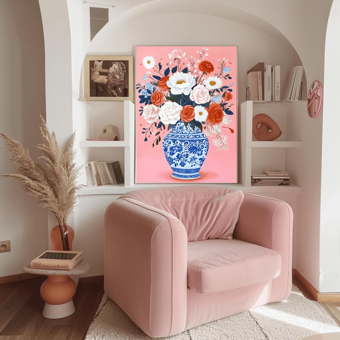 Chinoiserie Porcelain Vase with Pink Roses Blue White Floral Poster - Image 3