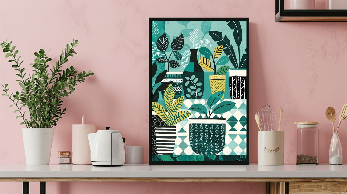 Emerald Geometric Potted Plants Patterned Pots Bold Teal Poster - Image 2