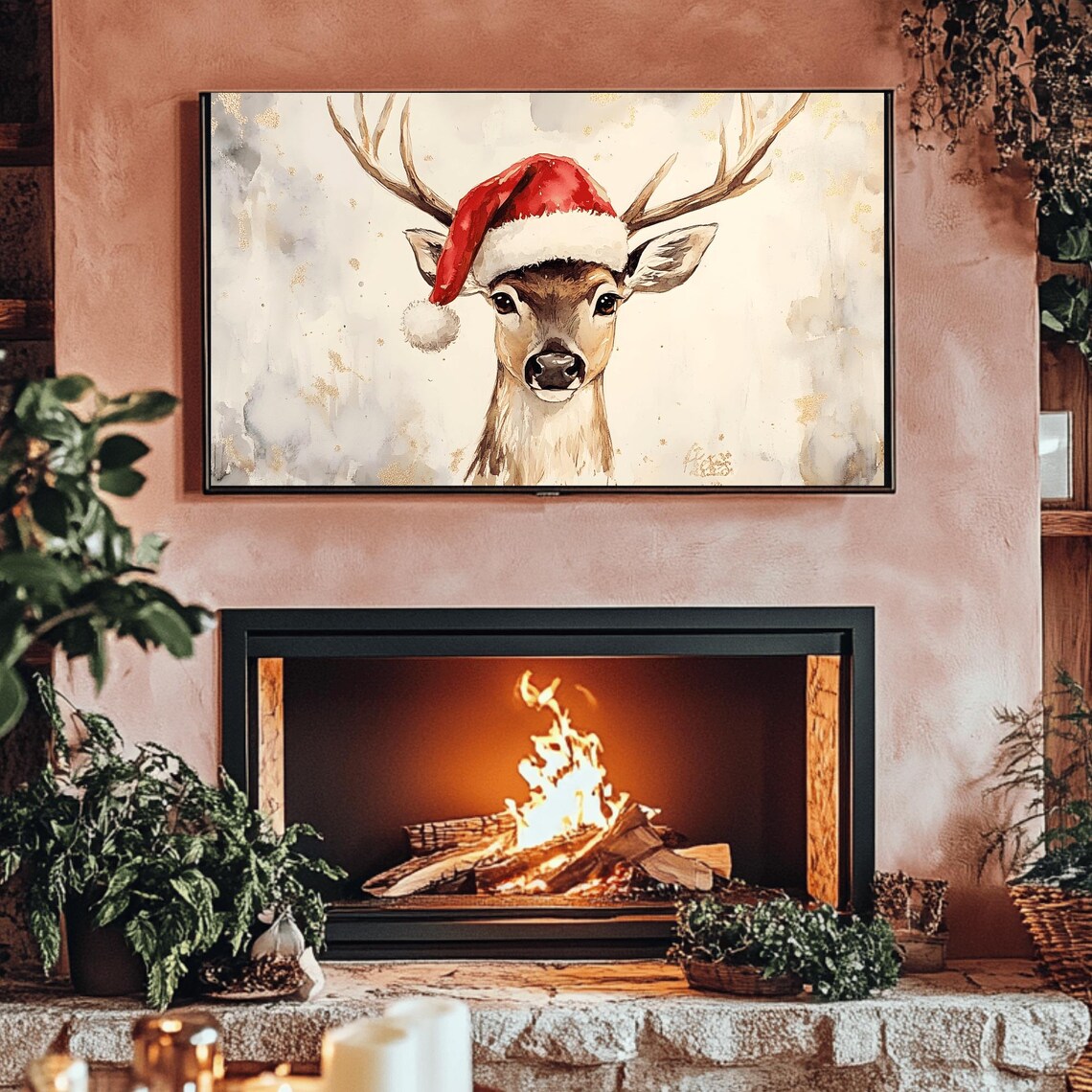 Watercolor Deer Wearing Santa Hat Christmas Portrait Scene Poster - Image 3