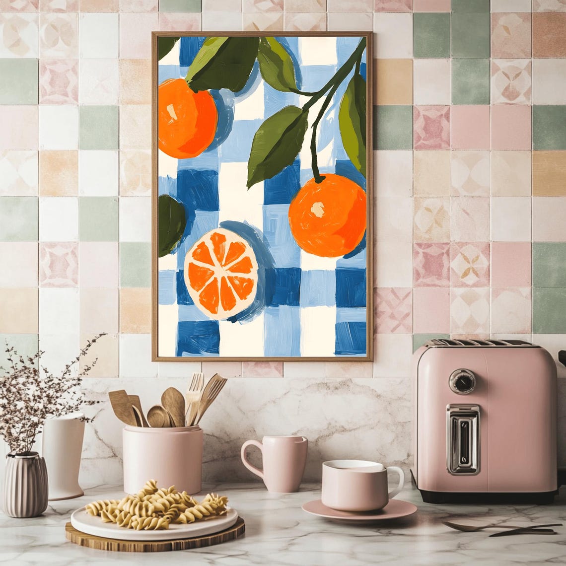Fresh Oranges on Blue Gingham Watercolor Fruit Kitchen Art Poster - Image 2