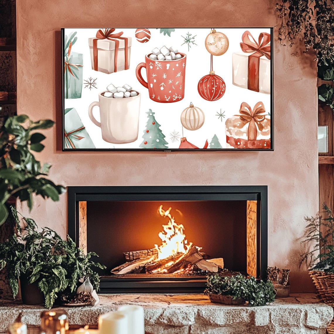 Watercolor Christmas Cocoa Gifts and Ornaments Frame TV Poster - Image 3