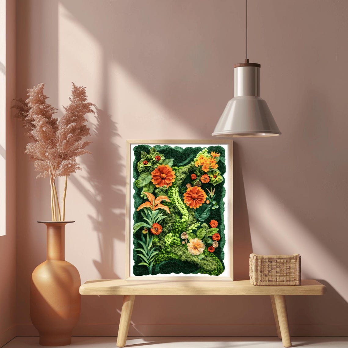 Fiery Orange Marigolds on Lush Green Moss Maximalist Wall Poster - Image 2