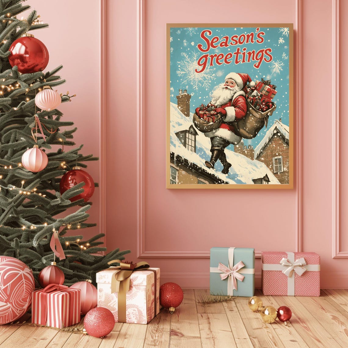 Jolly Vintage Santa on Snowy Rooftop with Season's Greetings Poster - Image 2