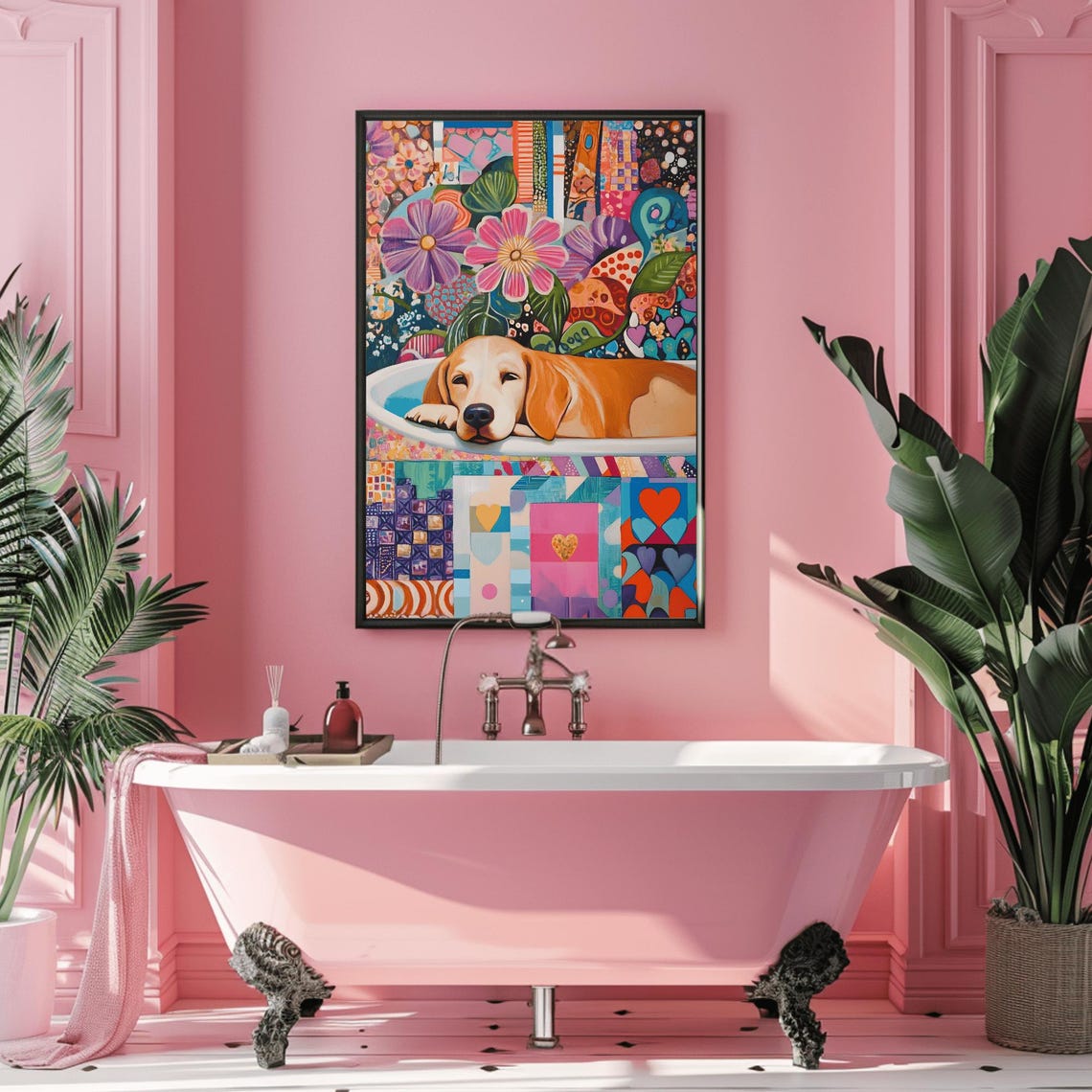 Golden Retriever Puppy Relaxing in Floral Patchwork Tub Art Poster - Image 3