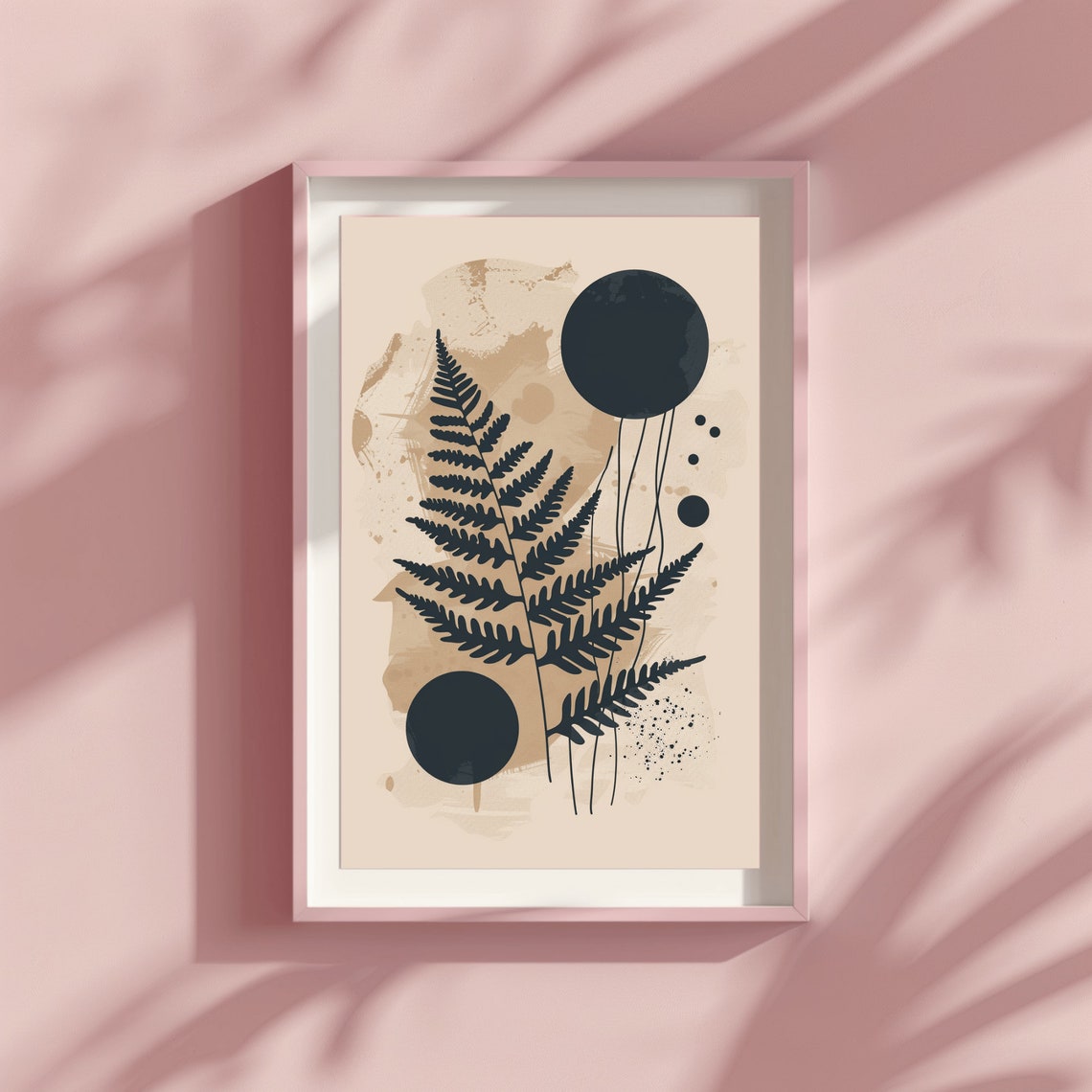 Beige Boho Fern Leaves with Dark Circles Botanical Art Poster - Image 3