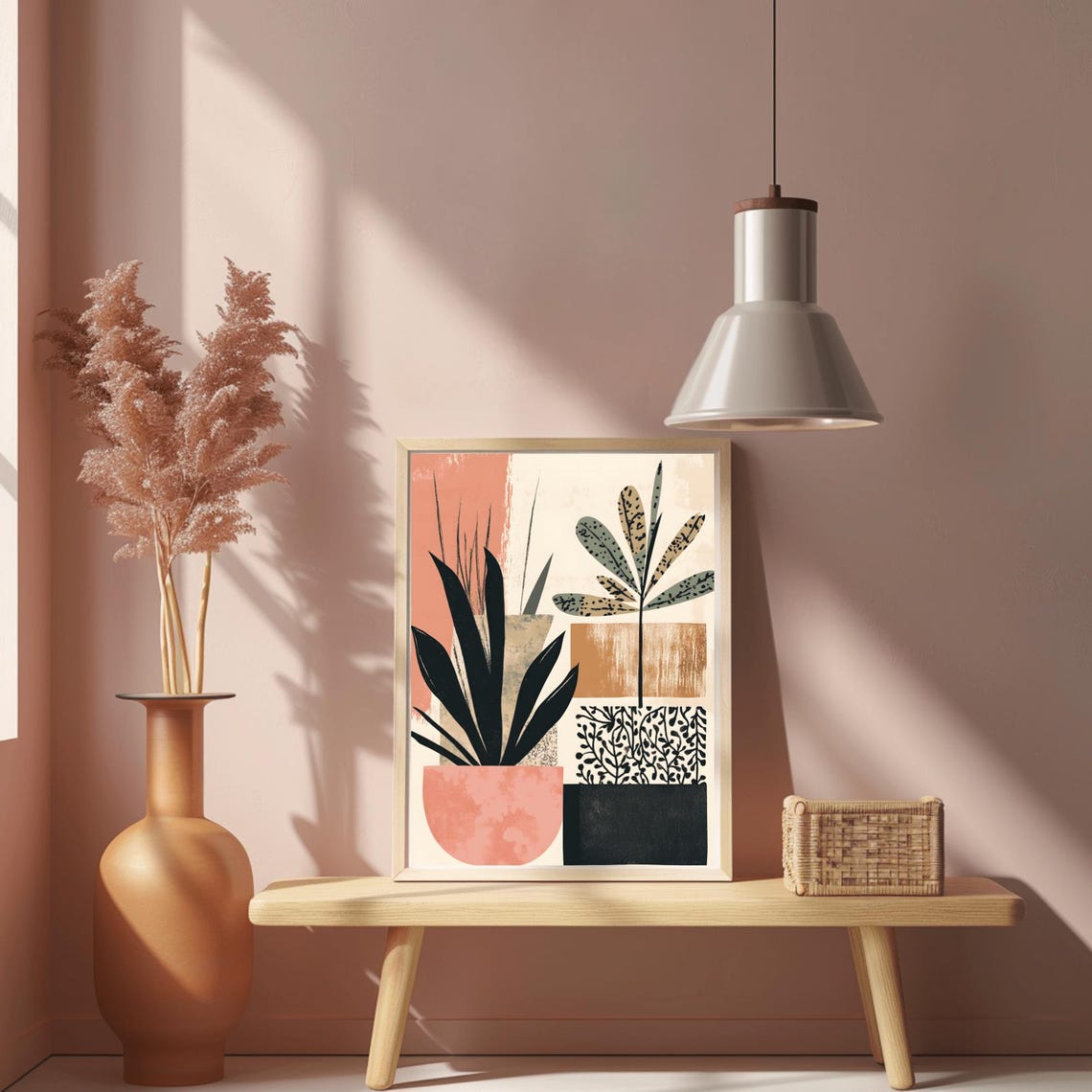Modern Abstract Potted Plants in Blush Pink Black Pots Decor Poster - Image 2