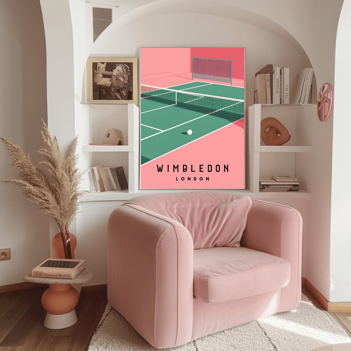 Wimbledon London Minimalist Pink Green Tennis Court Art Poster - Image 3