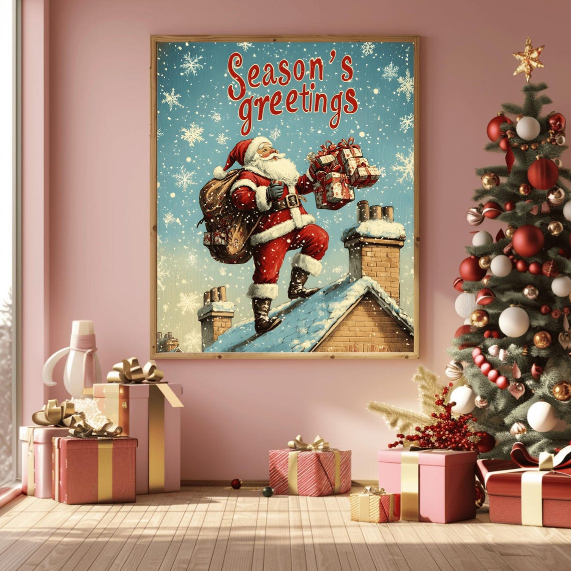 Vintage Santa Scaling a Snowy Brick Rooftop with Gifts Season's Poster - Image 3