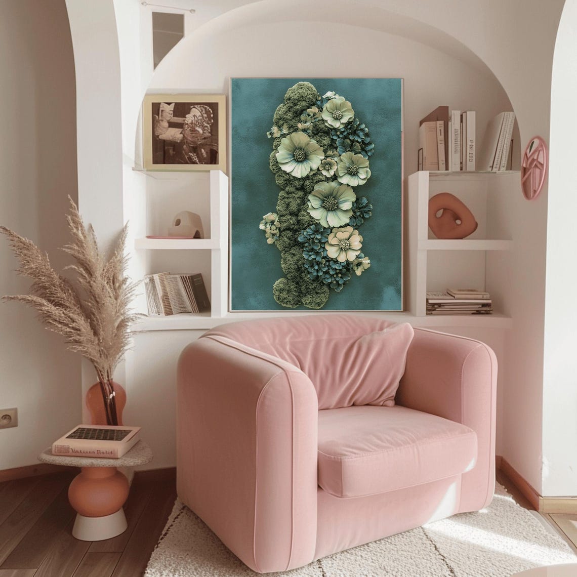 Pale Green and Ivory Blossoms on Moss Teal Botanical Wall Art - Image 3