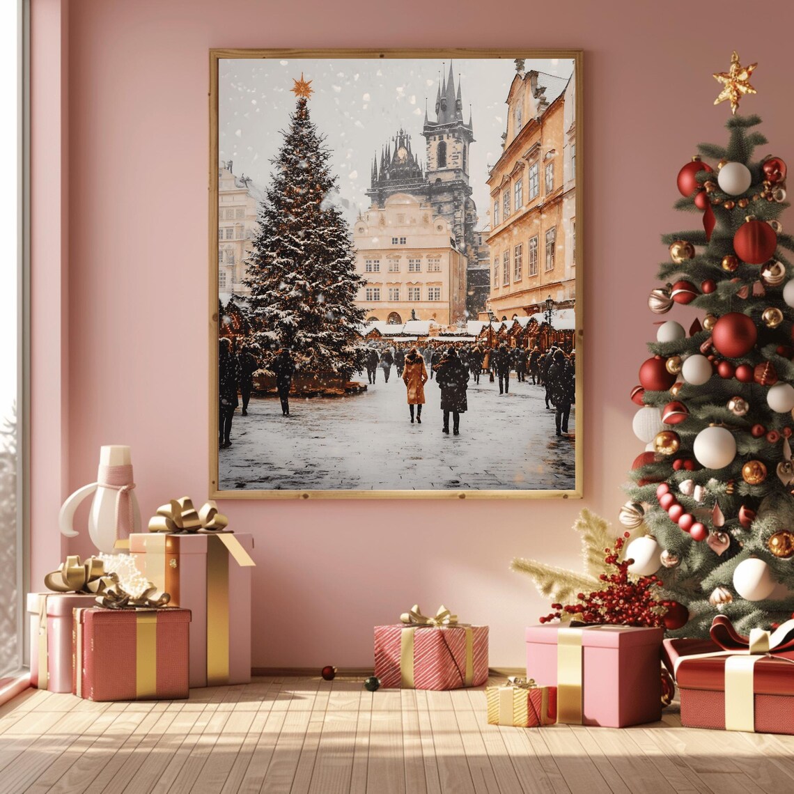 Snowy European Christmas Market Historic Square Gothic Spire Poster - Image 3