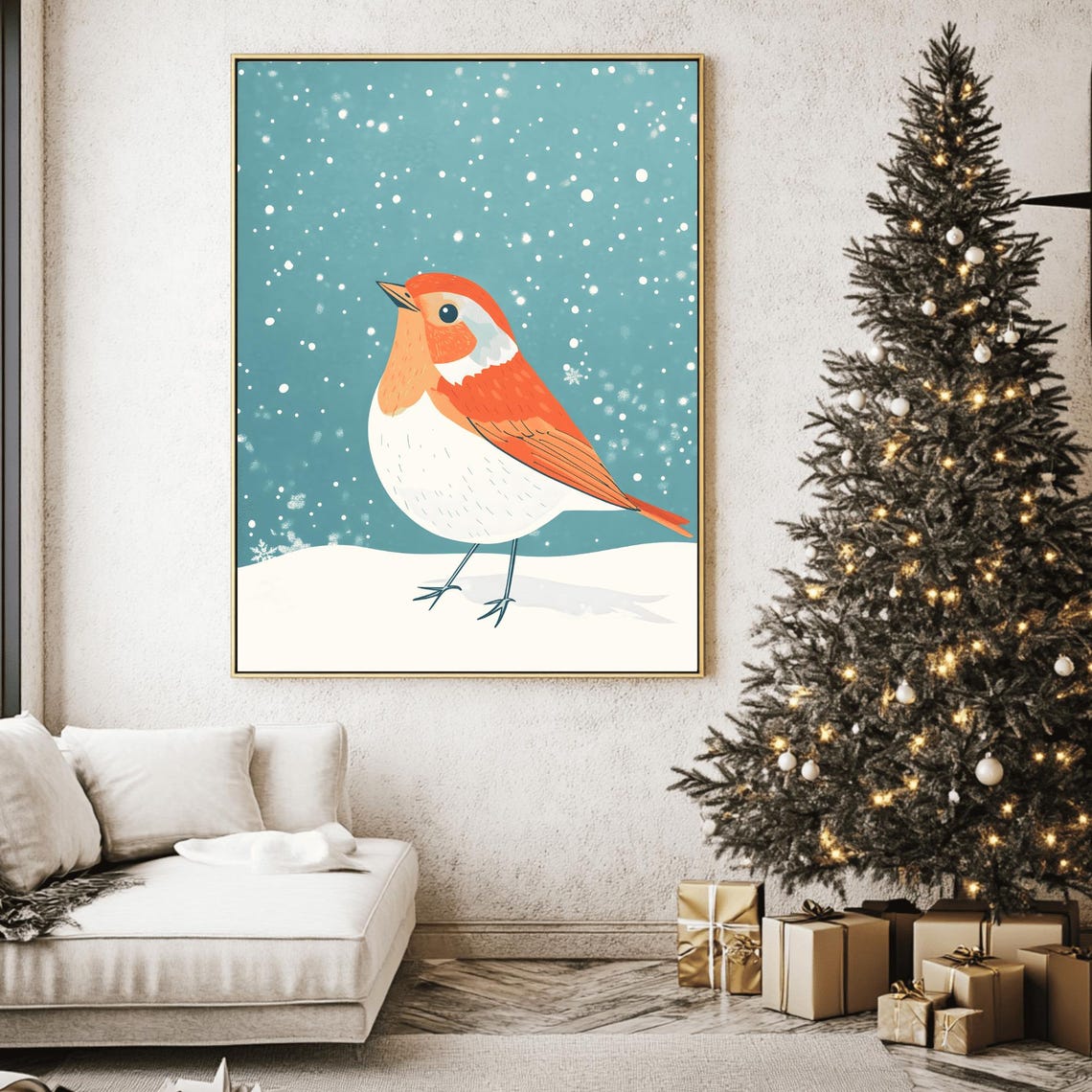 Cute Robin In Falling Snow Minimalist Christmas Bird Art Poster - Image 2