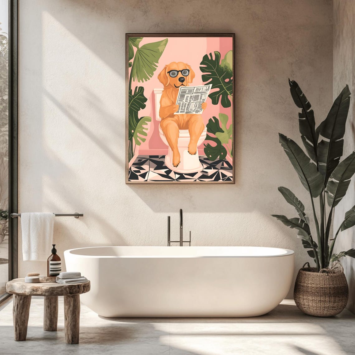 Golden Retriever Reading Newspaper on Toilet Funny Bathroom Poster - Image 2