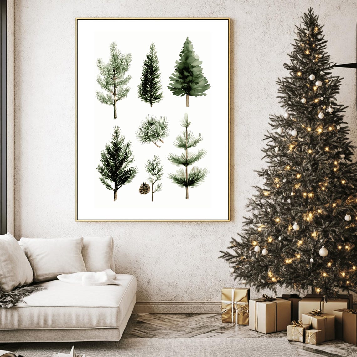 Watercolor Pine Branches Botanical Study with Pinecone Neutral Poster - Image 2
