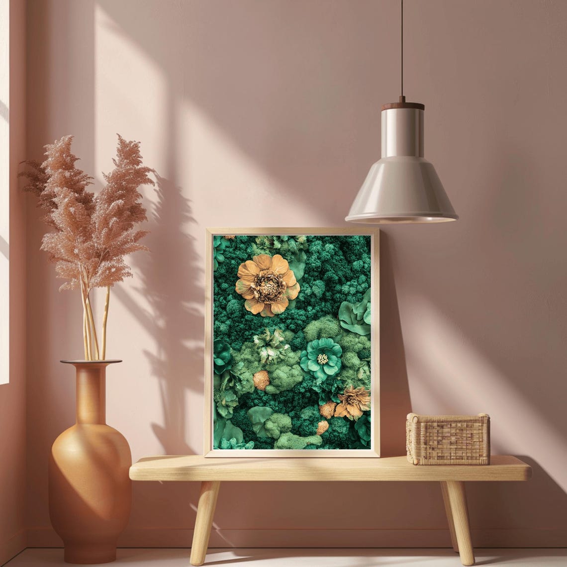 Oversized Golden Amber Flowers on Teal Moss Botanical Wall Art - Image 2
