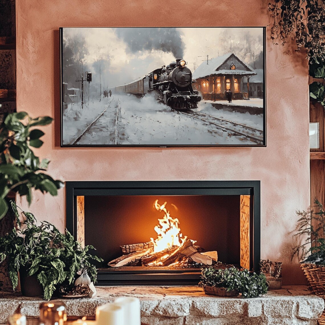 Steam Locomotive At Snowy Vintage Train Station Winter Poster - Image 3