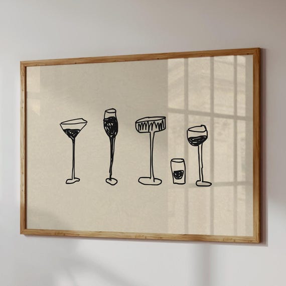 Hand Drawn Bar Cart Neutral Cocktail Art Print