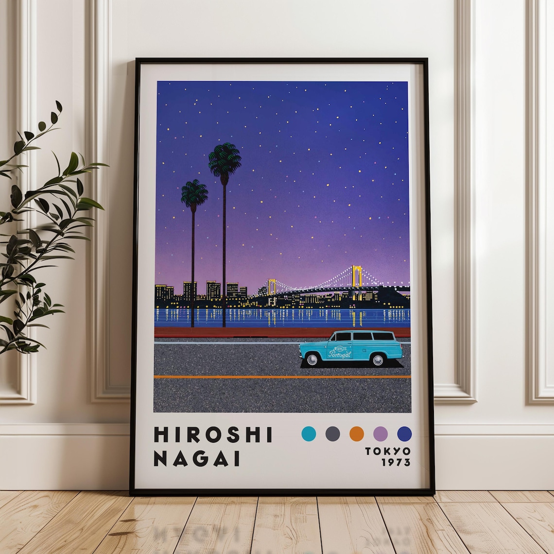 Hiroshi Nagai Night City Bridge Turquoise Van Starry Retro Art Poster