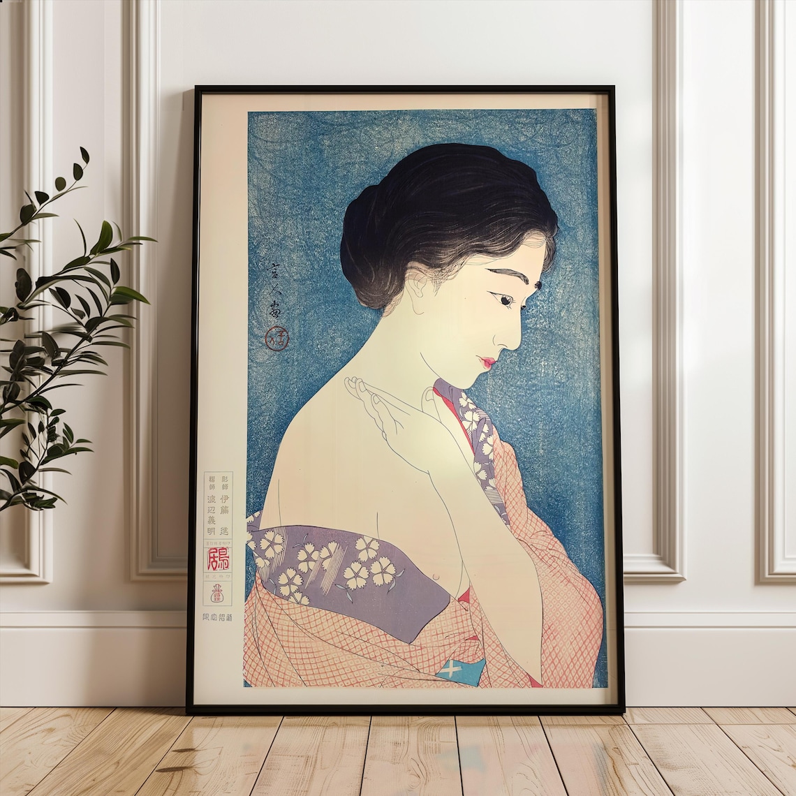 Elegant Japanese Woman Kimono Portrait Woodblock Style Art Print