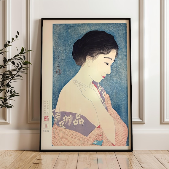 Elegant Japanese Woman Kimono Portrait Woodblock Style Art Print
