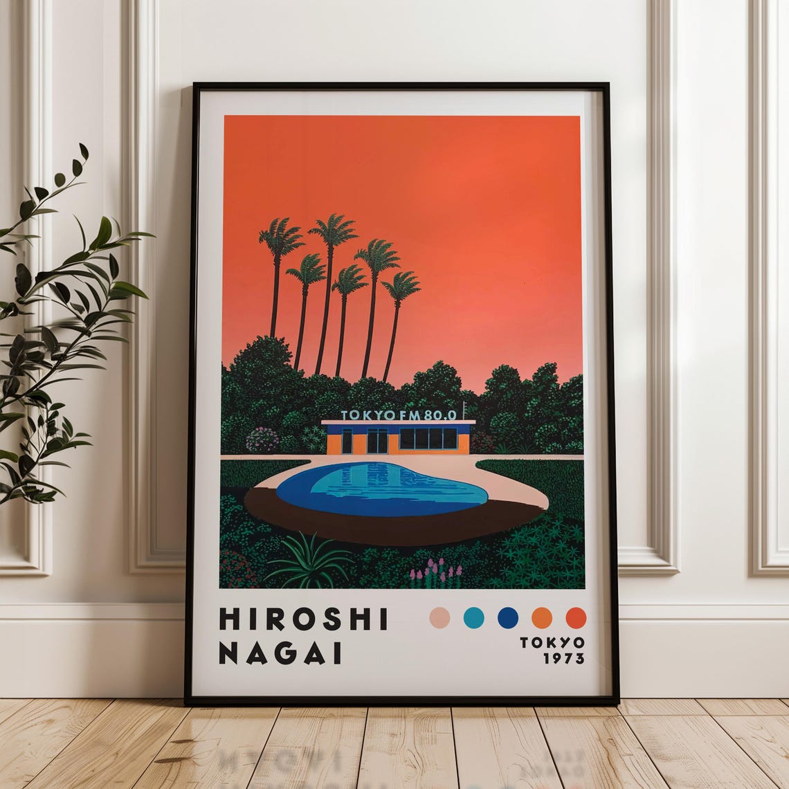 Hiroshi Nagai Tokyo FM 80.0 Pool Palm Trees Coral Sunset Poster
