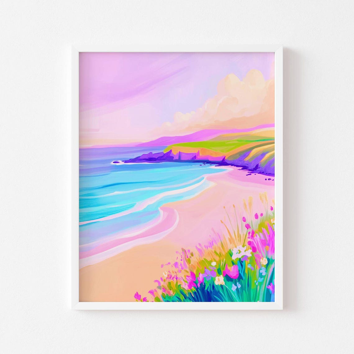 Pastel Seaside Cove With Turquoise Waves Pink Sand Beach Poster